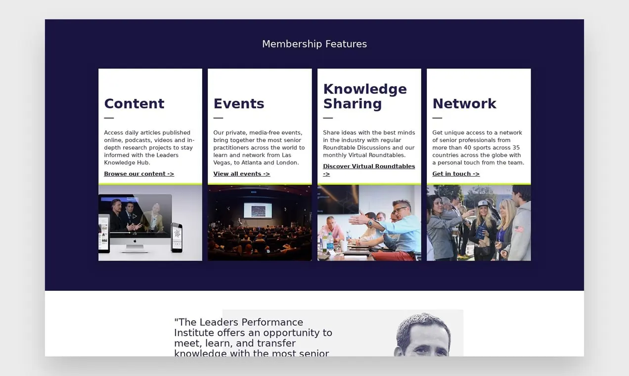 Captura de pantalla del área de características de membresía de Leaders in Sport