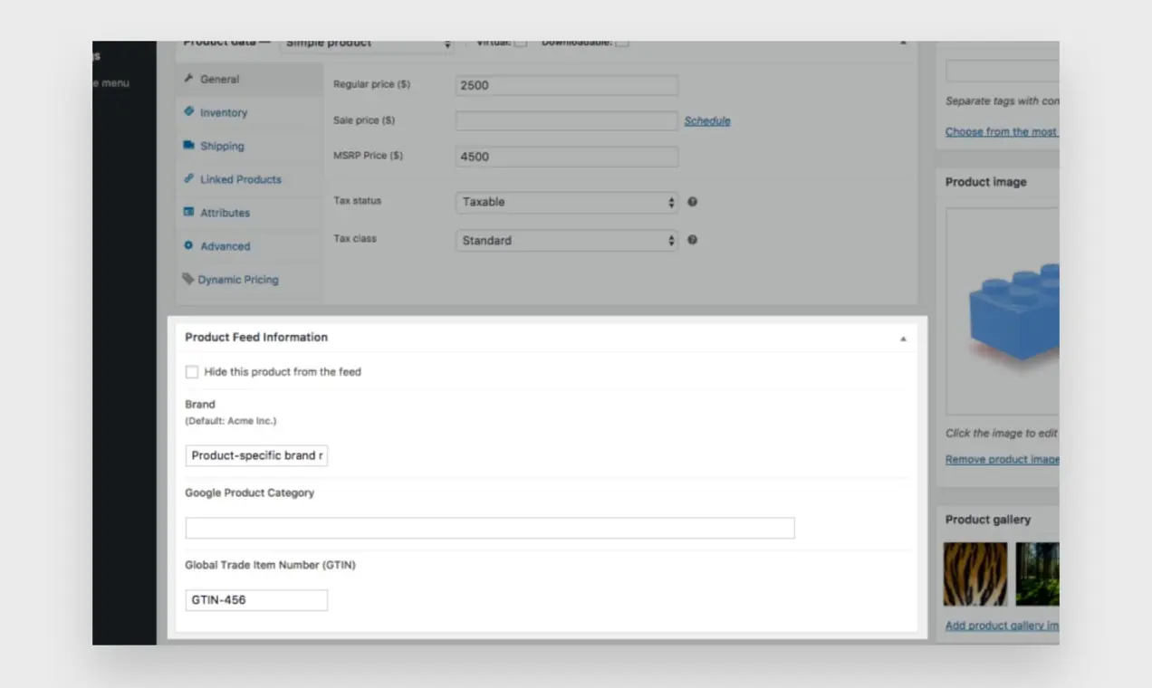 Captura de tela das informações do Google Product Feed no WordPress