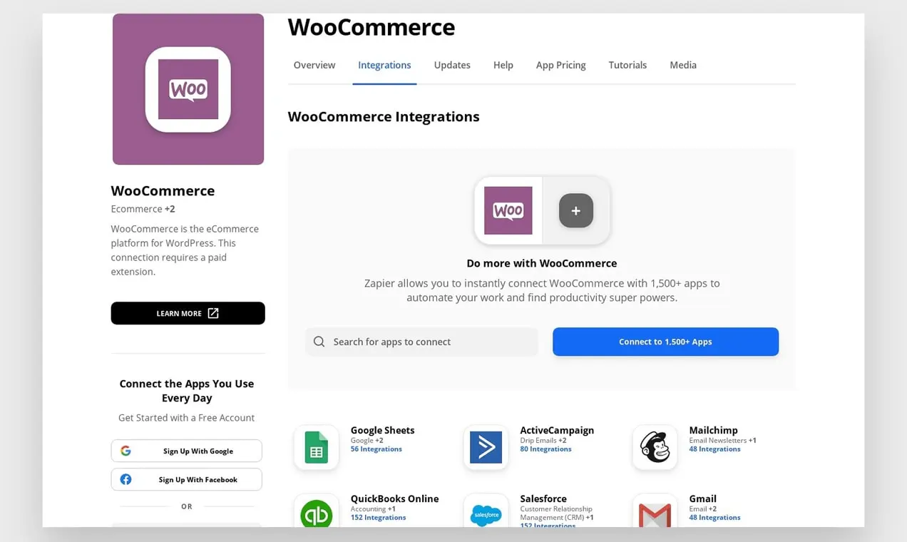 ZapierのWooCommerce統合ページ。