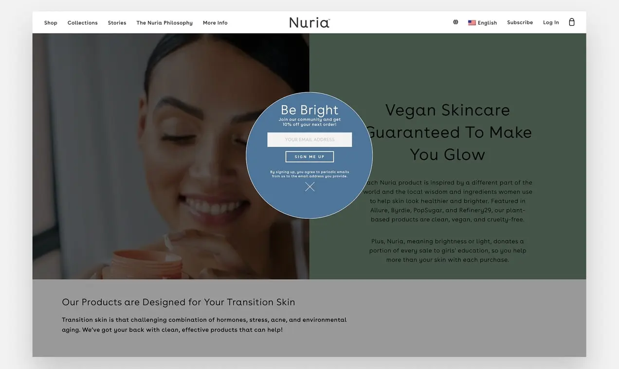 ภาพหน้าจอจาก Nuria Beauty แสดงป๊อปอัปสีน้ำเงินพร้อมการจับภาพอีเมล
