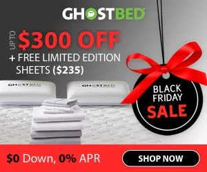 Annuncio GhostBed, con testo rosso brillante e ornamento festivo