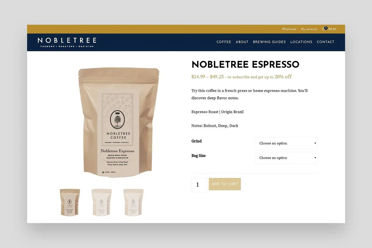 サブスクリプションオプションを示すNobleTree製品ページのスクリーンショット