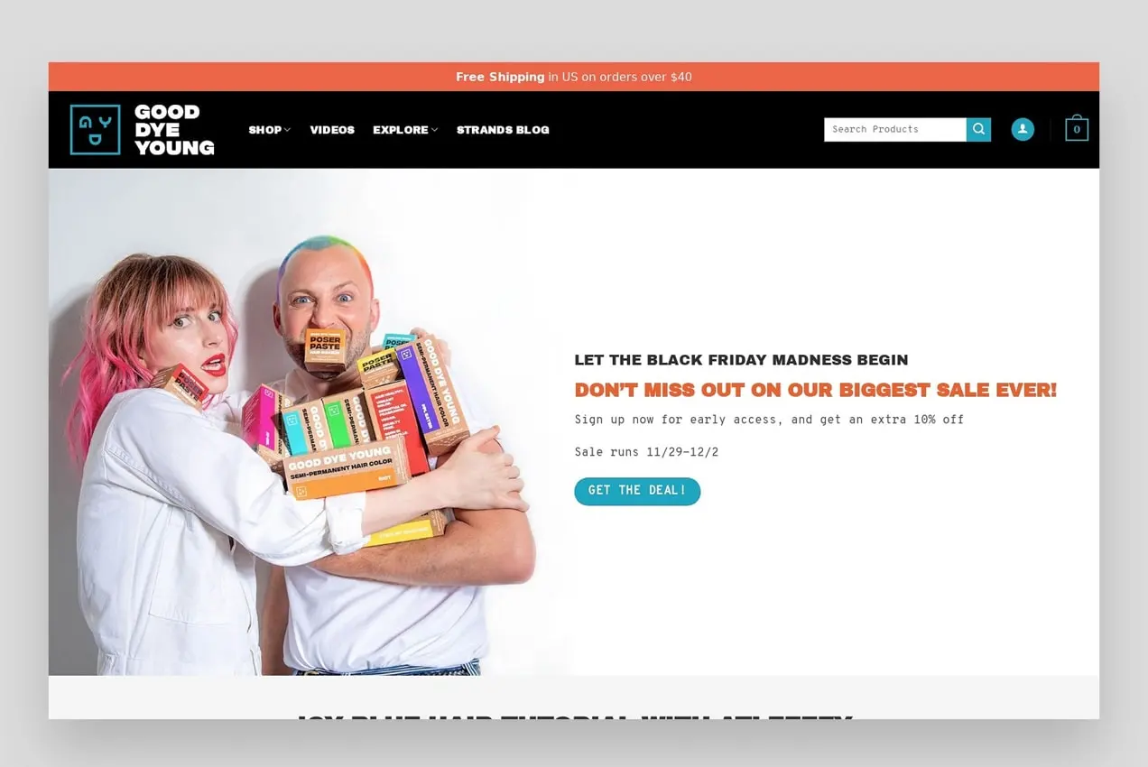 Página de inicio del sitio web Good Dye Young que anuncia una venta de Black Friday