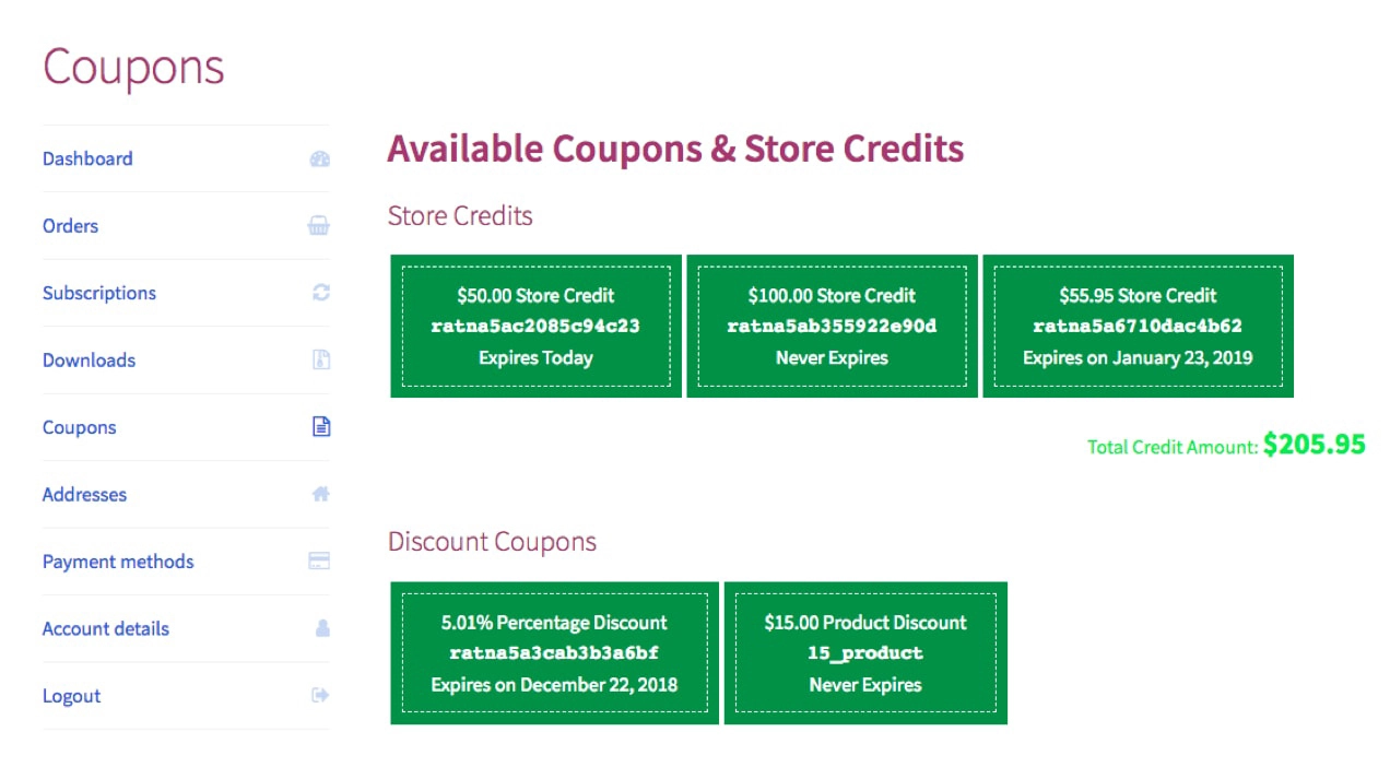 Tablero de Smart Coupons, que muestra los cupones disponibles y los créditos de la tienda
