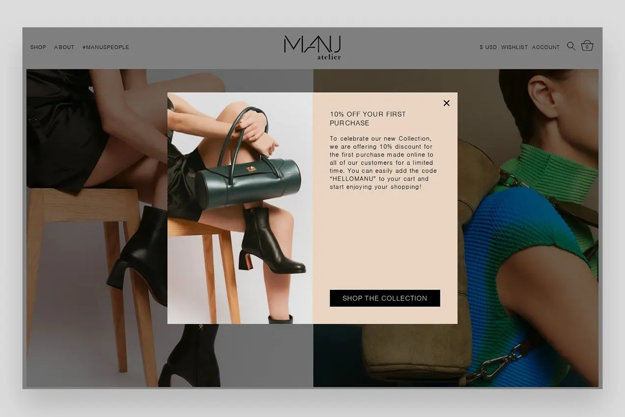 Page d'accueil du site manutelier.com avec popup