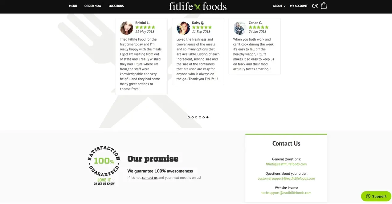 FitLife Foodsサイト、100%の満足が保証された通知