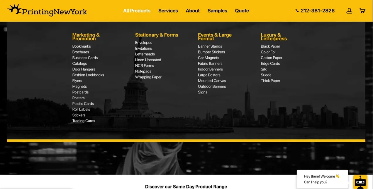 メインメニューにカテゴリとサブカテゴリがあるPrintingNewYorkWebサイト