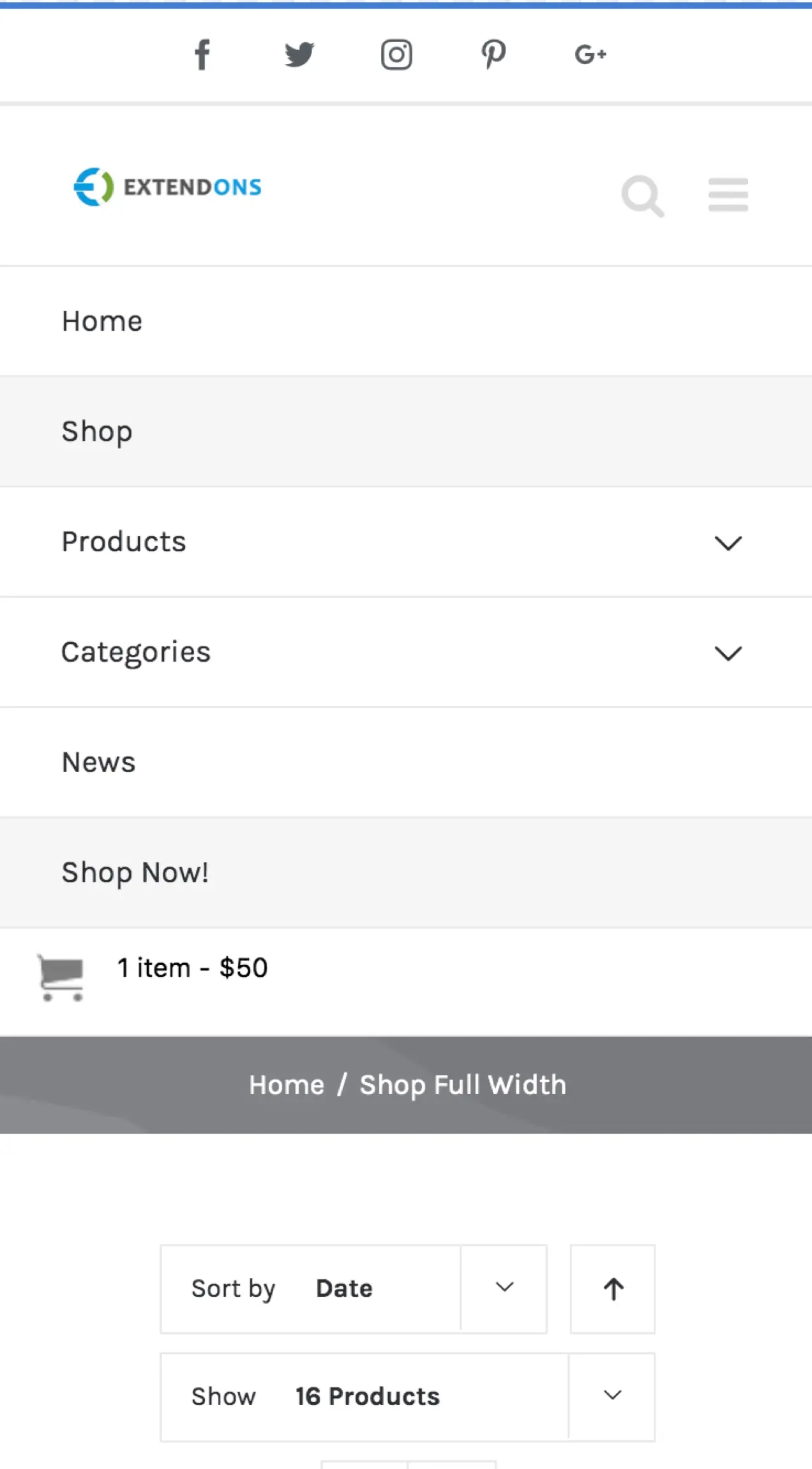 Extensia Mini Cart în acțiune, afișând un meniu mobil