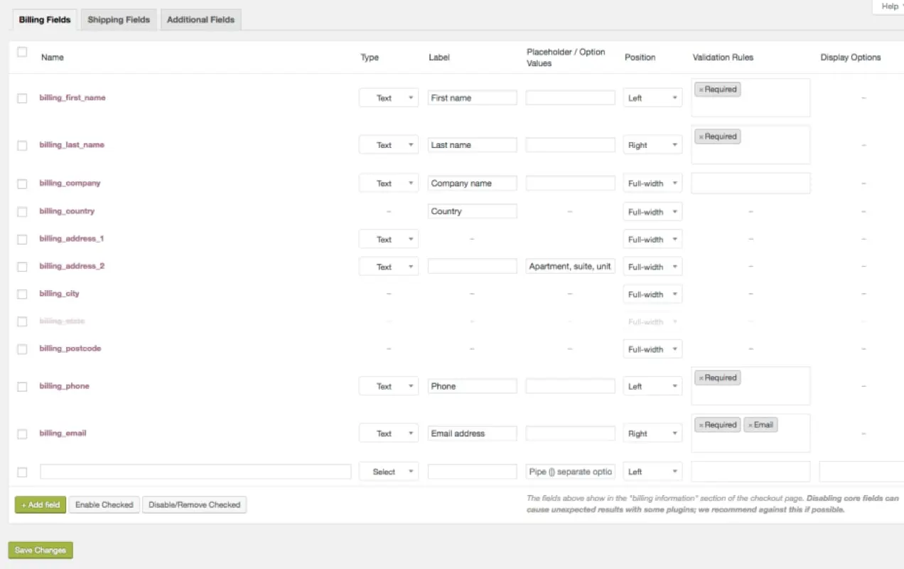 capture d'écran des options de l'éditeur de champ de paiement