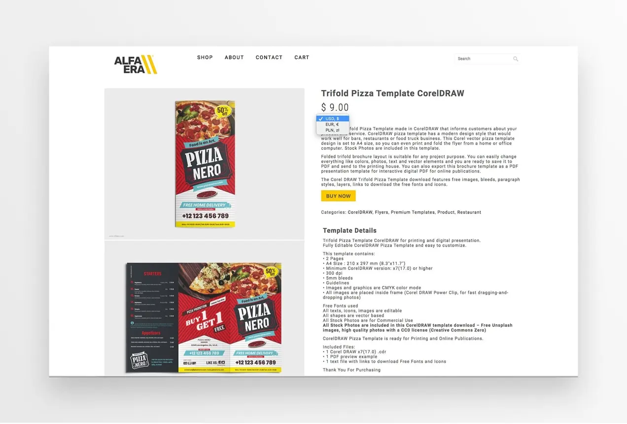 通貨換算ドロップダウンのあるAlfaera製品ページ