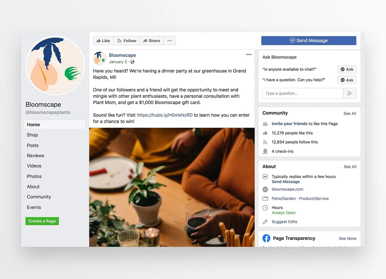 Страница Bloomscape в Facebook с возможностью конкурса