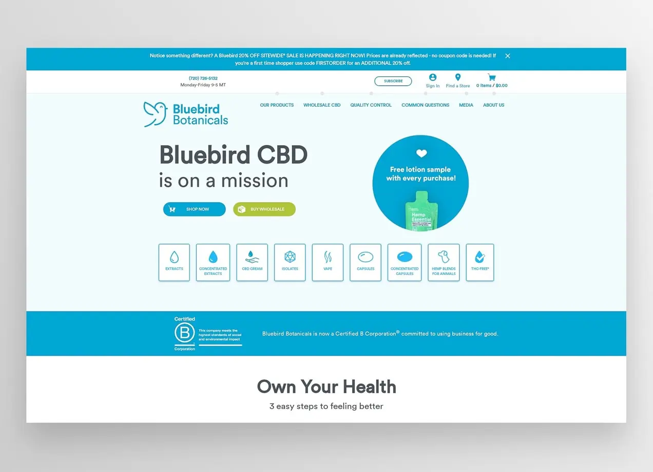Bluebird CBD 主页,使用 WooCommerce 销售 CBD