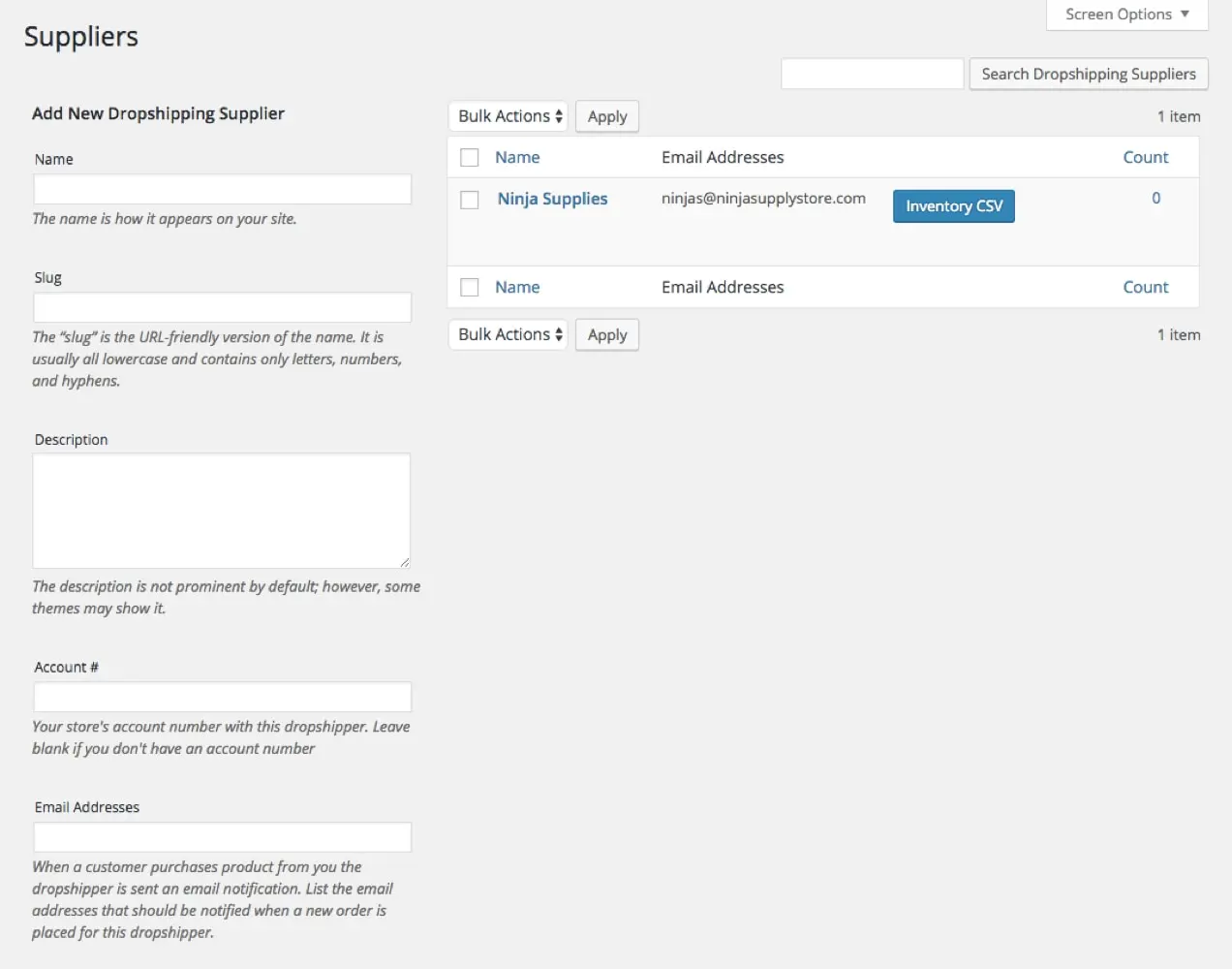 Capture d'écran WooCommerce Dropshipping montrant comment ajouter des fournisseurs