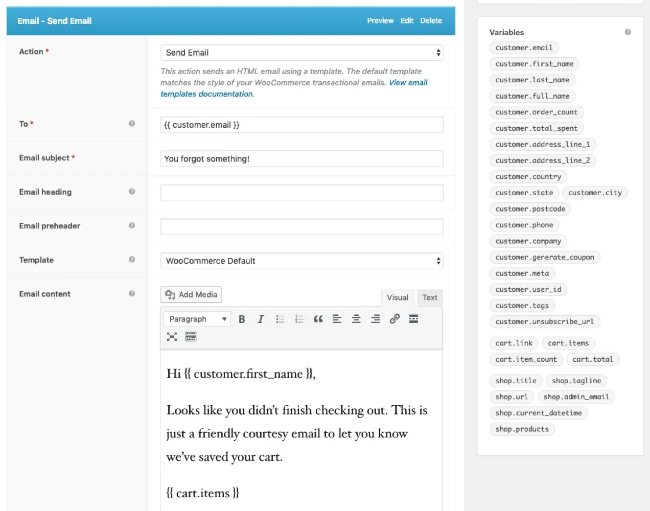 สกรีนช็อตจาก AutomateWoo ของการสร้างอีเมลรถเข็นที่ถูกละทิ้ง