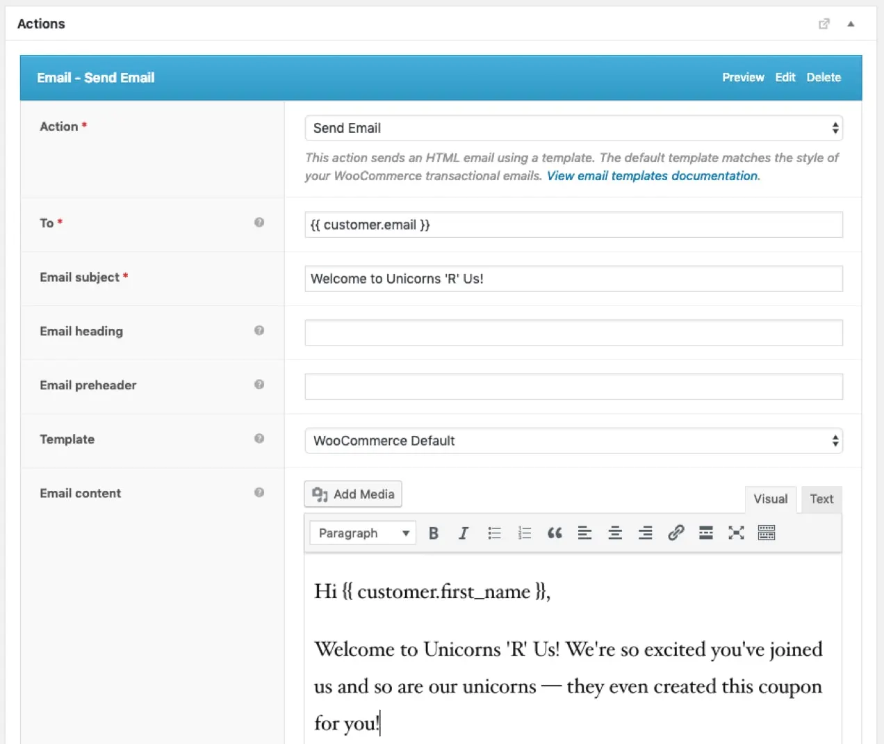 เทมเพลตอีเมลต้อนรับใน AutomateWoo