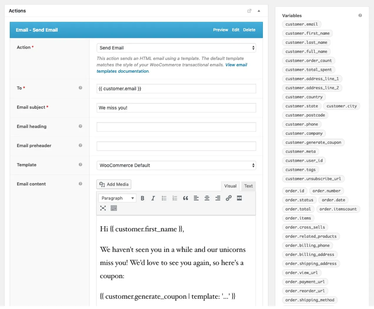 สกรีนช็อตจาก AutomateWoo ของการสร้างอีเมลแบบ win-back