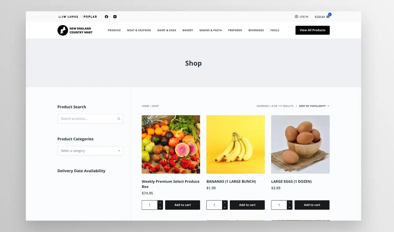 Страница New England Country Mart Shop с продуктами, перечисленными в сетке