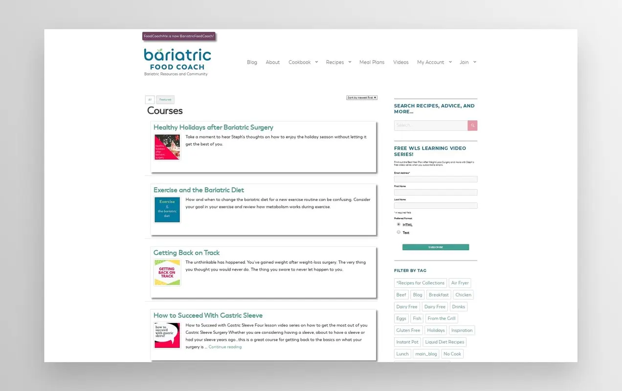 Site Bariatric Food Coach com uma lista de cursos online