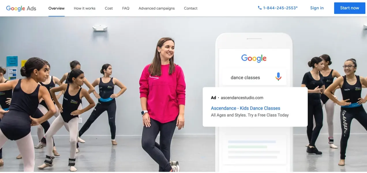 สกรีนช็อตจากหน้าแรกของโฆษณา Google แสดงนักเต้นและตัวอย่างโฆษณาสำหรับชั้นเรียนเต้นรำ