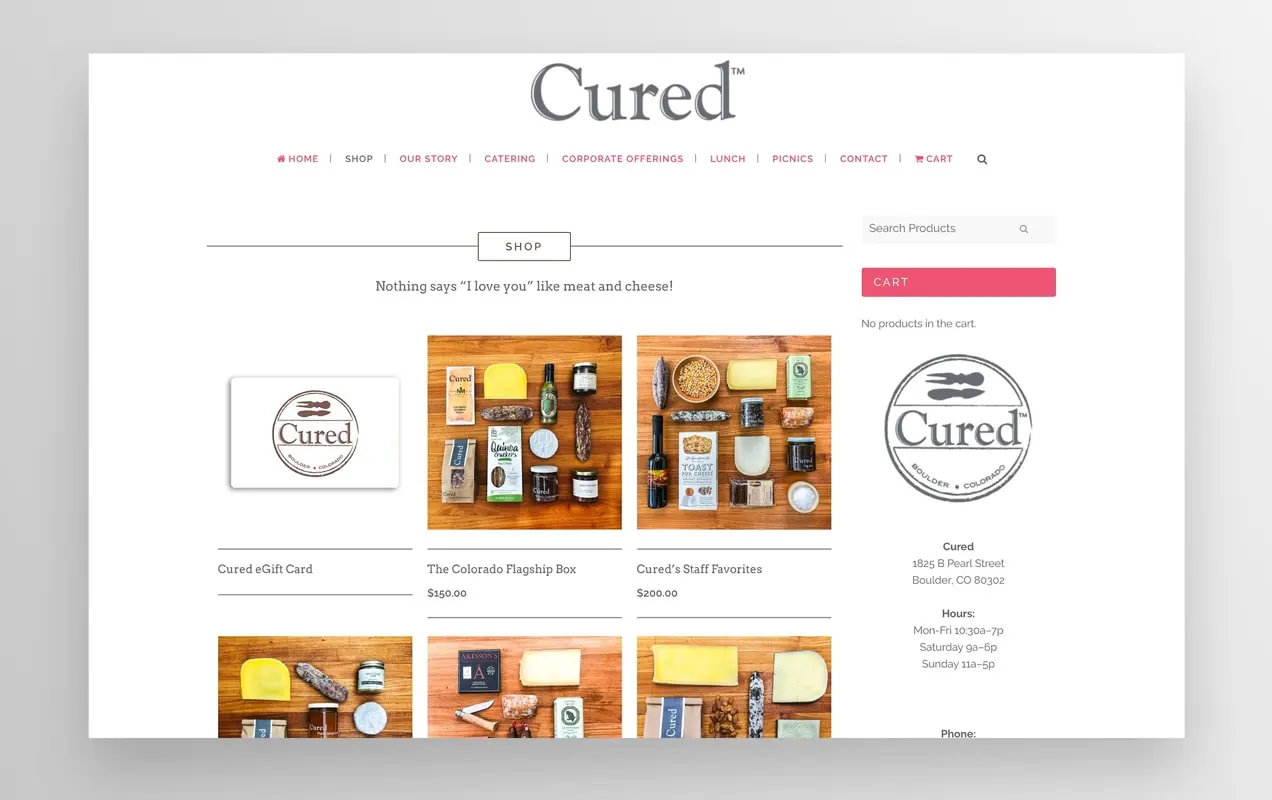 그들이 배송하는 제품을 나열하는 Cured Shop 페이지