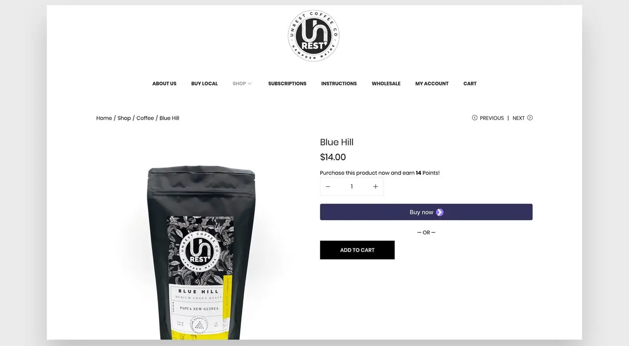 Producto Unrest Coffee que ofrece puntos a cambio de compra