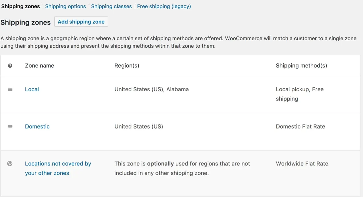 ustawienia strefy wysyłki w WooCommerce