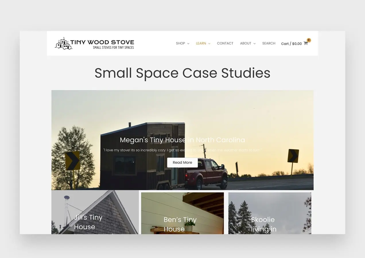 página de estudios de casos en el sitio web de Tiny Wood Stove