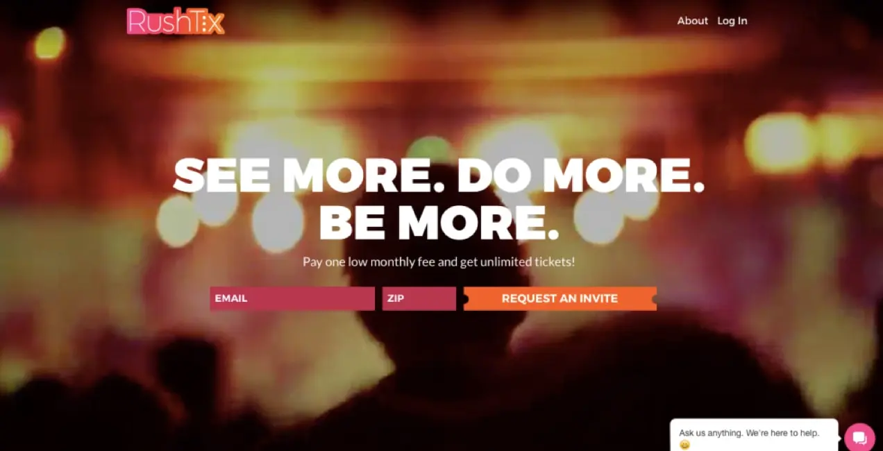 RushTix-Startseite mit einem Formular