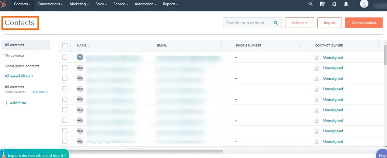 liste de contacts dans HubSpot