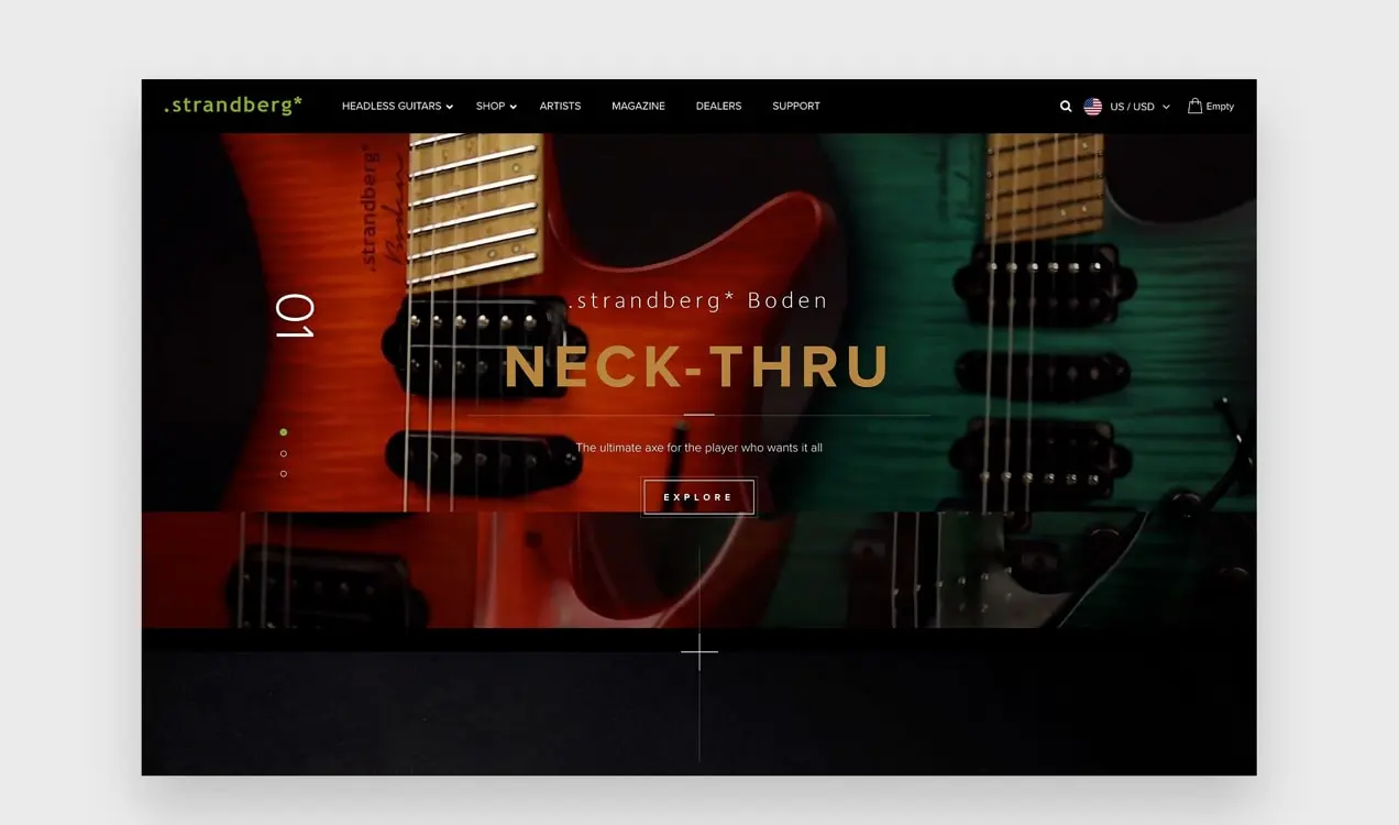 어두운 오버레이가 있는 Strandberg Guitars 웹 사이트