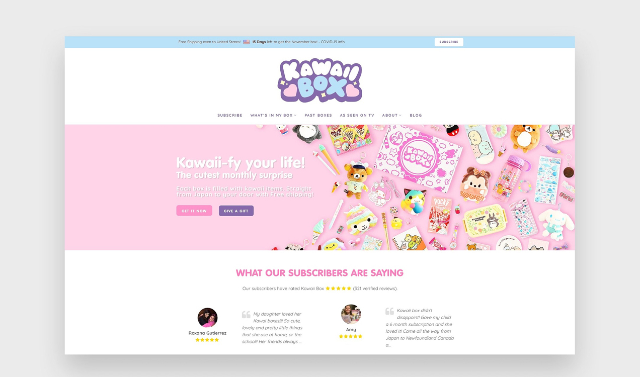 거품이 많고 둥근 글꼴이 있는 Kawaii Box 웹 사이트
