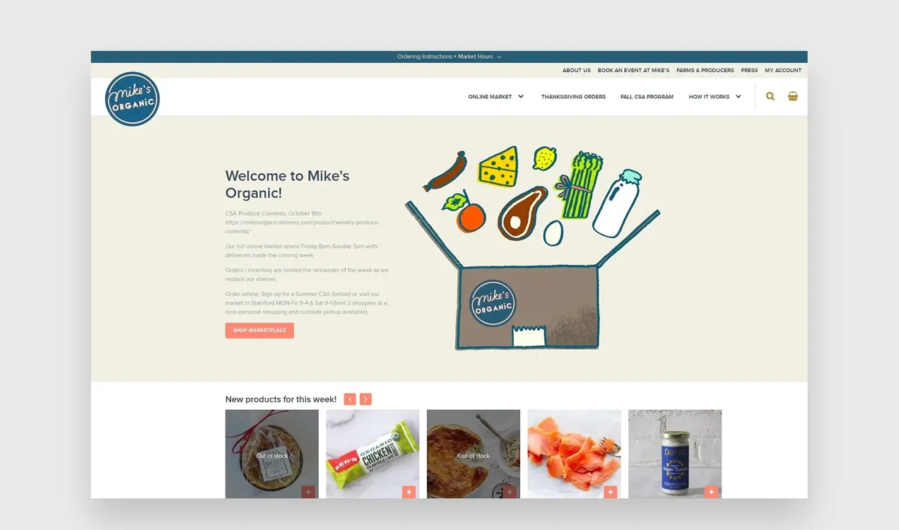 밝고 맞춤형 일러스트레이션이 있는 Mike's Organic 웹사이트