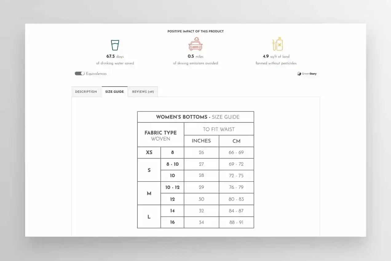 tabella delle taglie per i prodotti di abbigliamento su Bam Bamboo Clothing