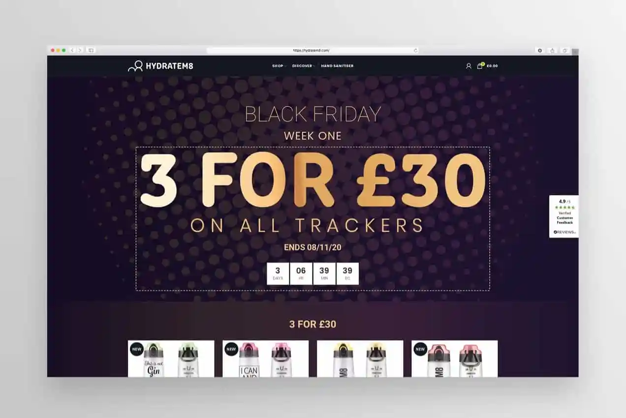 Intestazione di vendita del Black Friday su Hydratem8.com