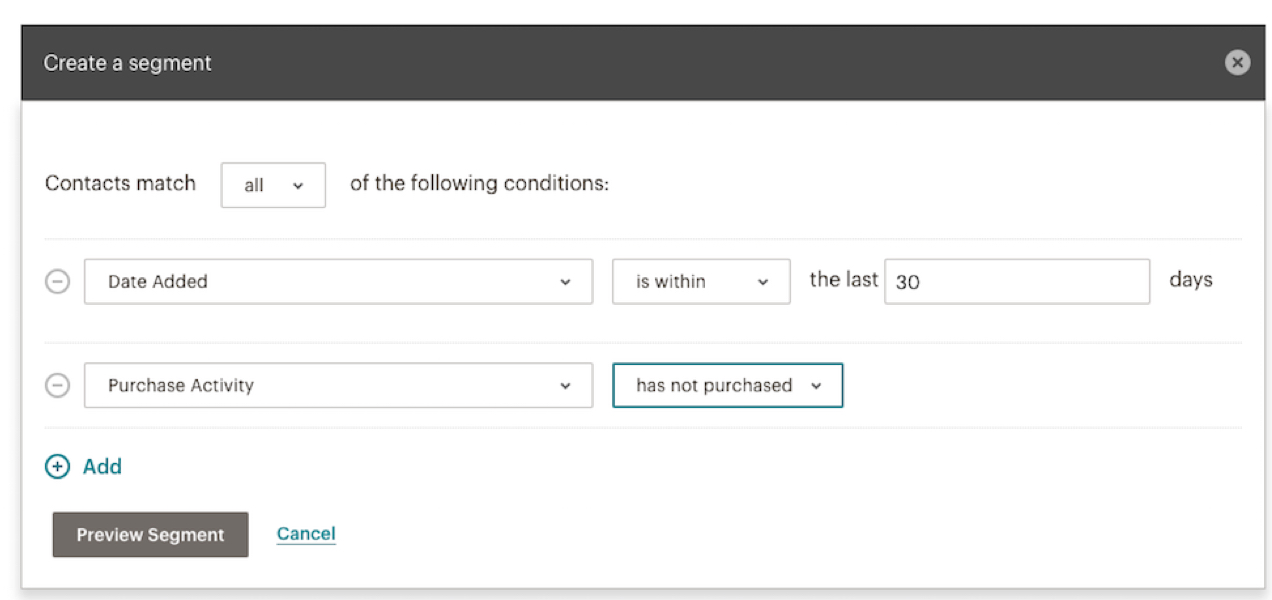 creando un segmento in Mailchimp