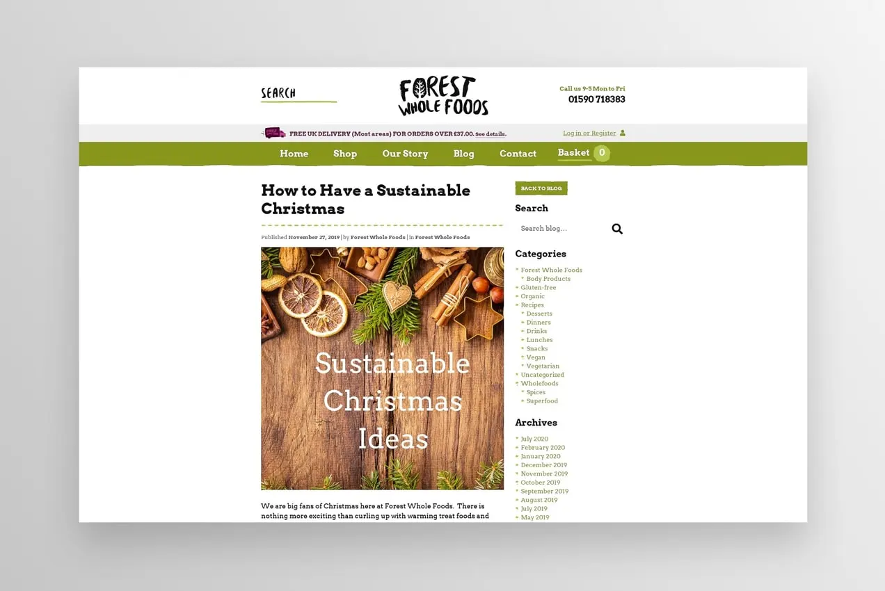 Forest Whole Foods Website mit einem Blogbeitrag darüber, wie man ein nachhaltiges Weihnachtsfest feiert