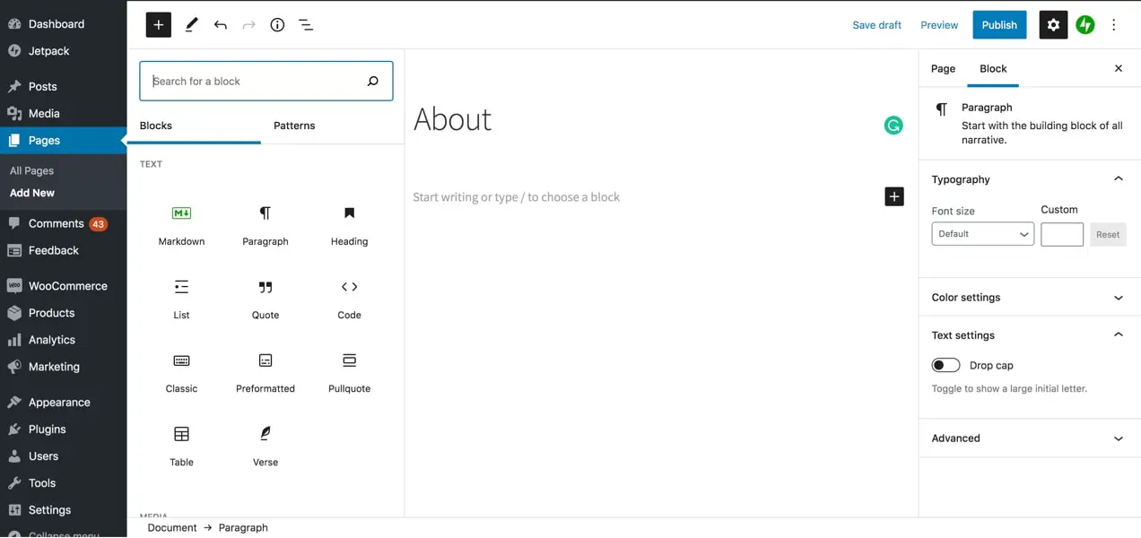 Editor di blocchi di WordPress in azione