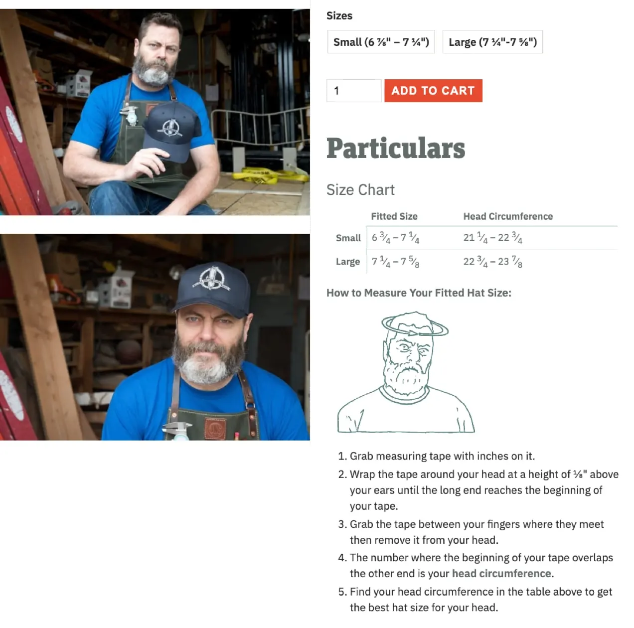 dettagli personalizzati come le tabelle delle taglie aggiunte a una pagina del prodotto sul sito di Offerman Woodshop