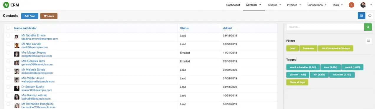 JetpackCRMの連絡先リスト