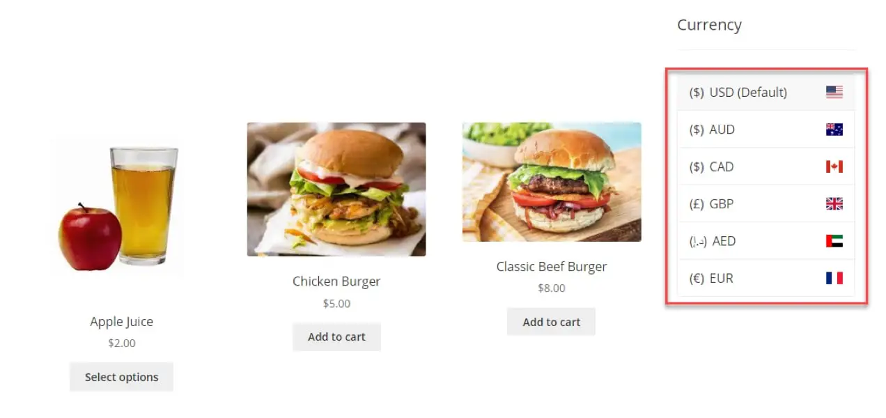 製品リストの横にある通貨コンバータウィジェット
