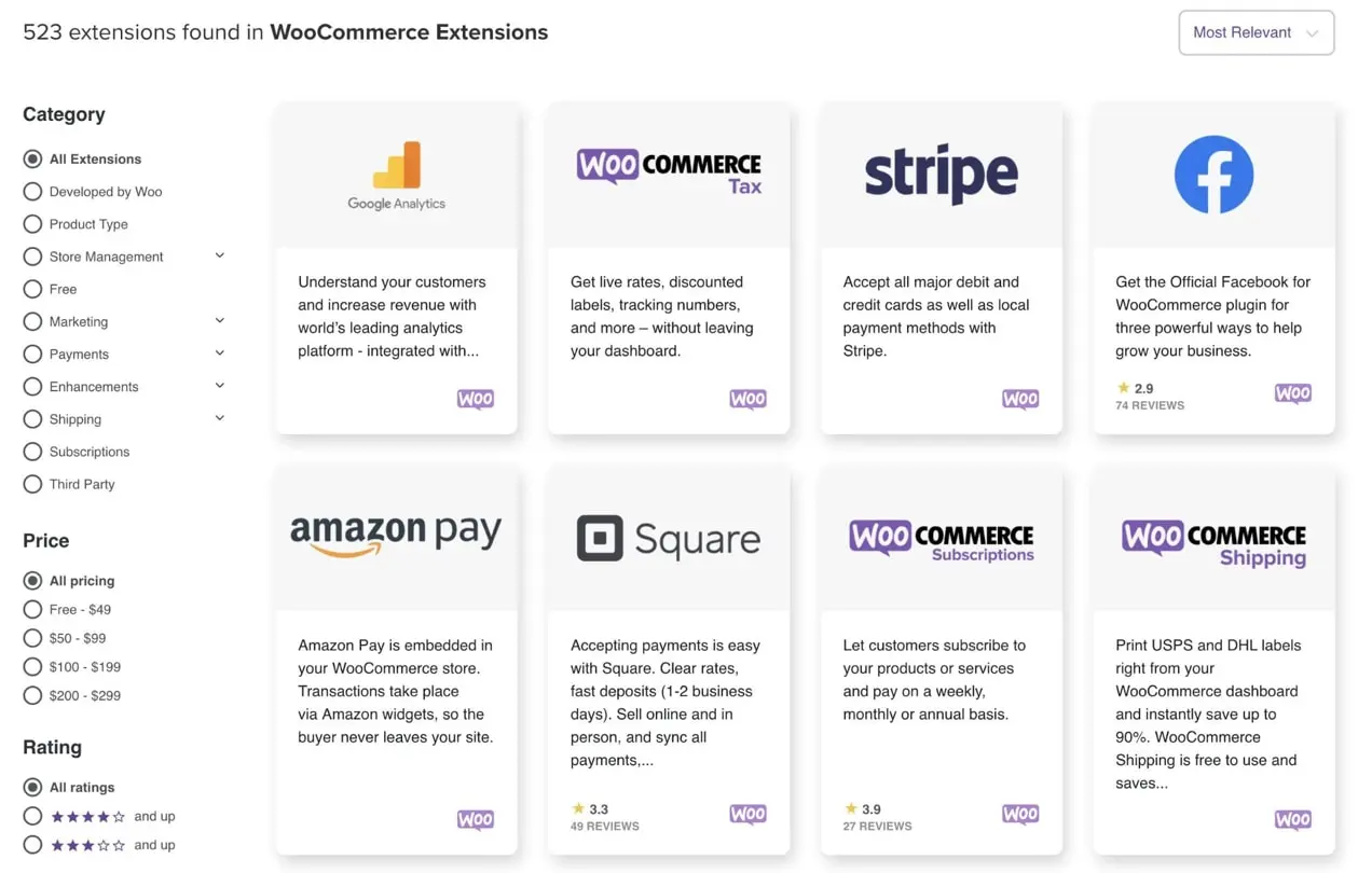 WooCommerce Marketplace의 확장 목록