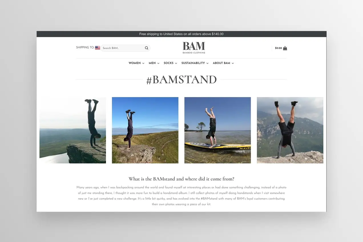 Section #BAMSTAND sur le site Web montrant des photos de personnes faisant le poirier