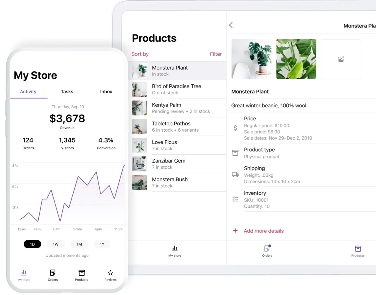 Aplikacja mobilna WooCommerce pokazująca analizy i produkty