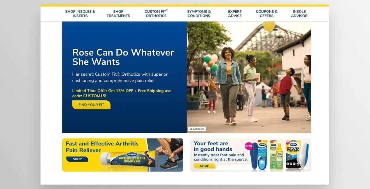 Dr. Scholl's, her CTA'da ürünlerinin faydalarına odaklanır