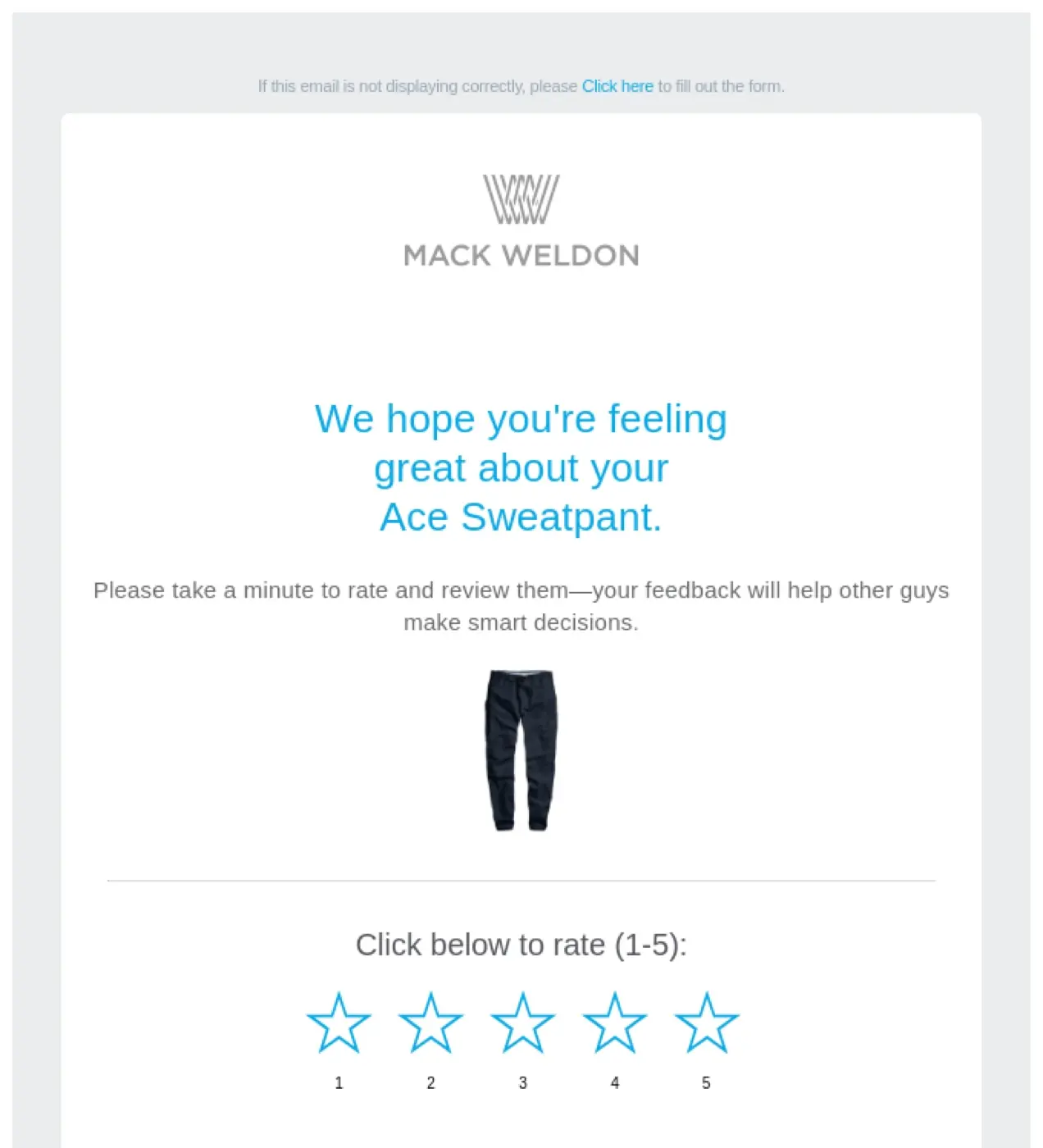 Correo electrónico de Mack Weldon pidiéndole a un cliente una reseña de los pantalones de chándal que compraron