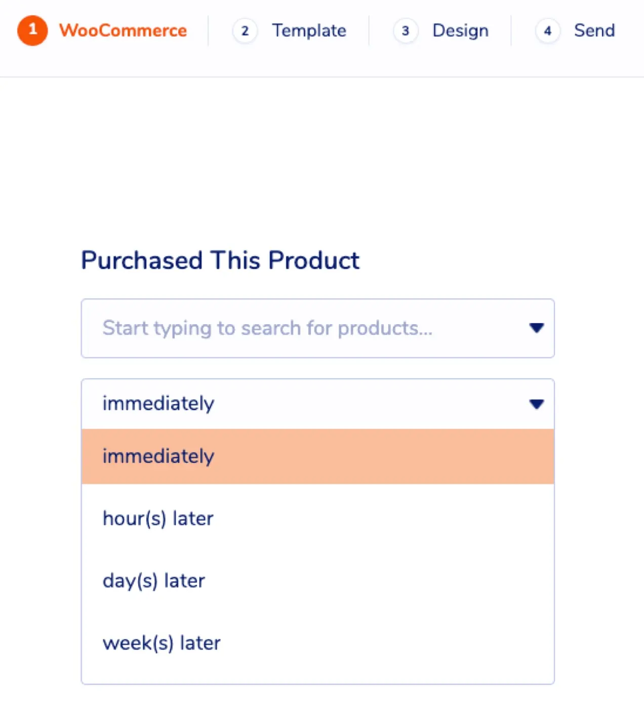 Configuración de "compré este producto" con un menú desplegable para el tiempo de envío