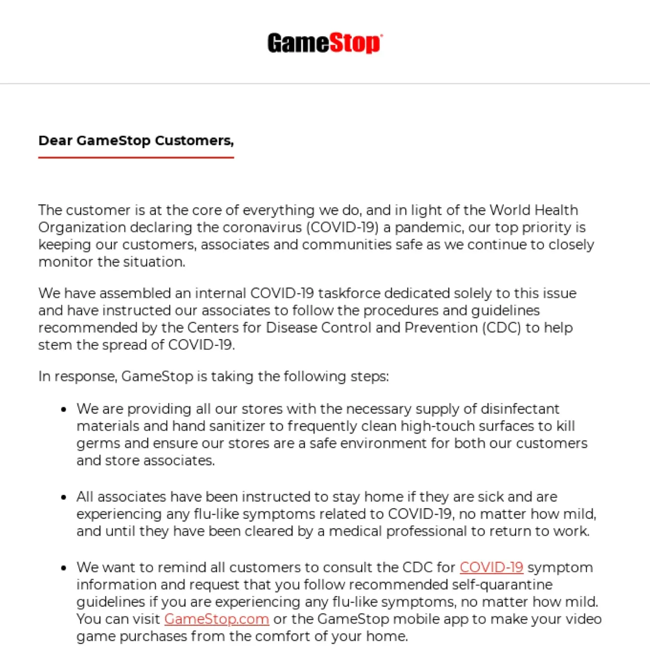 อีเมลแบบข้อความจาก GameStop ที่กล่าวถึงการระบาดใหญ่ของ COVID-19