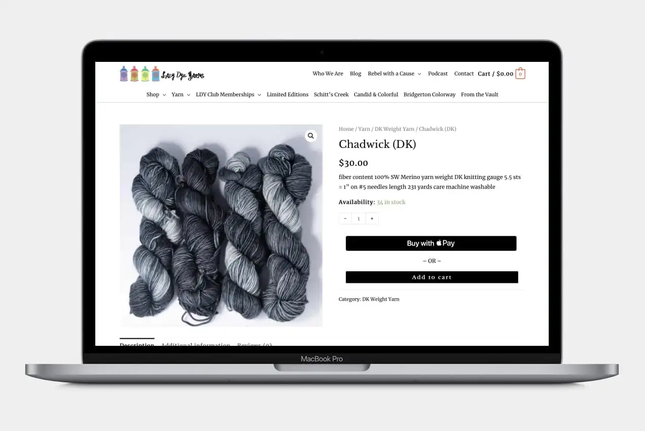 Lady Dye Yarn 的一款產品上顯示的 Apple Pay 選項