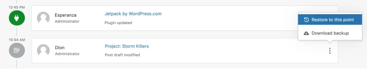 WordPress 활동 로그에 나열된 백업