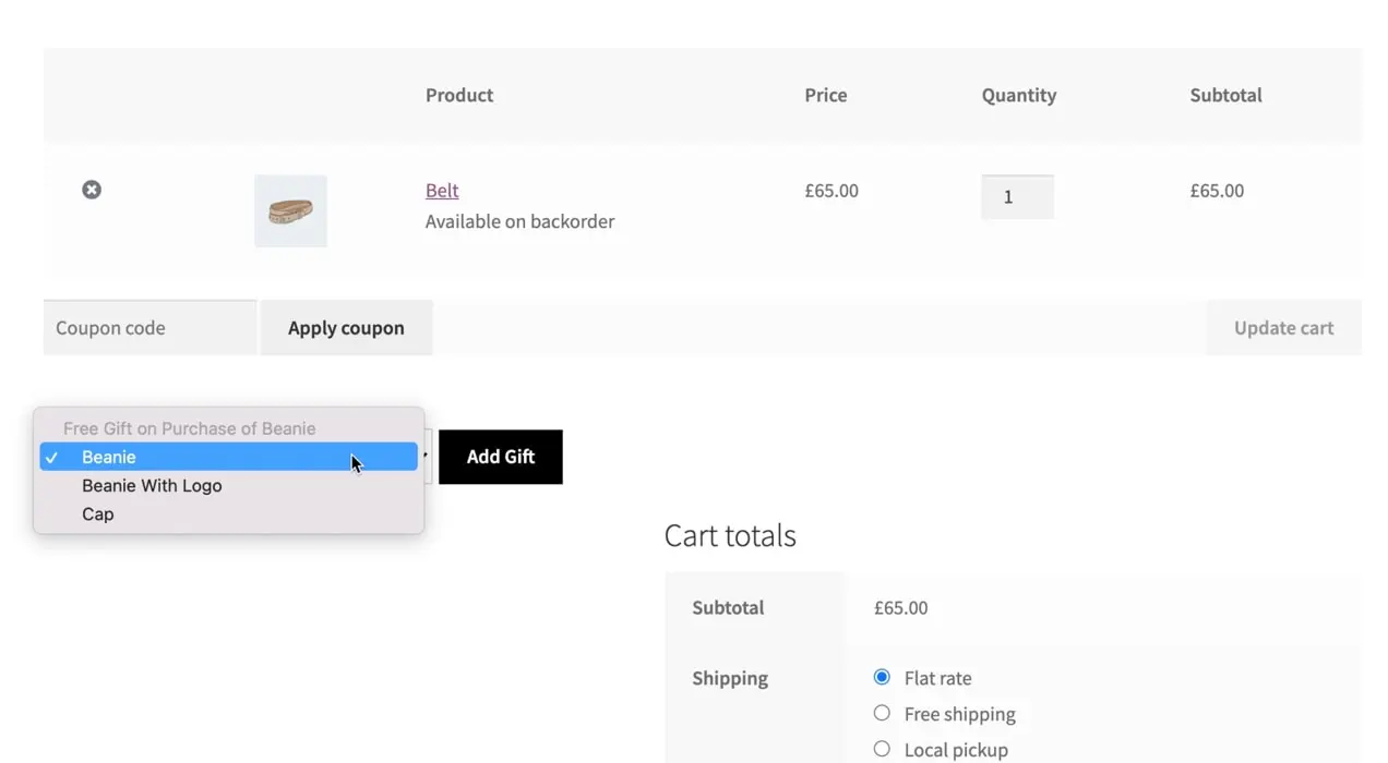 opções de brindes no checkout